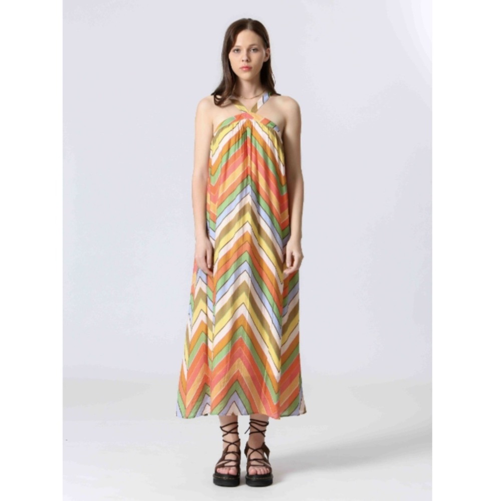 The Korner Chevron Zig Zag Stripe Halter Midi Dress Multi-Color NWT Size M